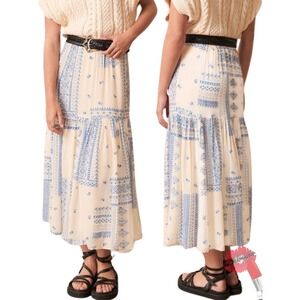 Ba&sh Skirt Women Small Londer‎ Midi Ecru Blue Folklore Block Print Bash FLAWED